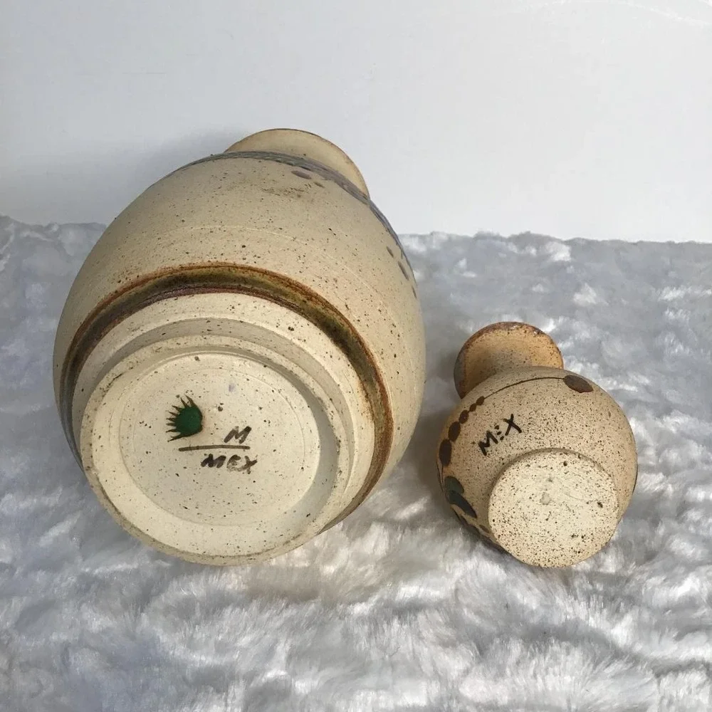 Vintage Tonala Mexican Pottery Owl Vase Set Hand Painted Folk Art Signed Western